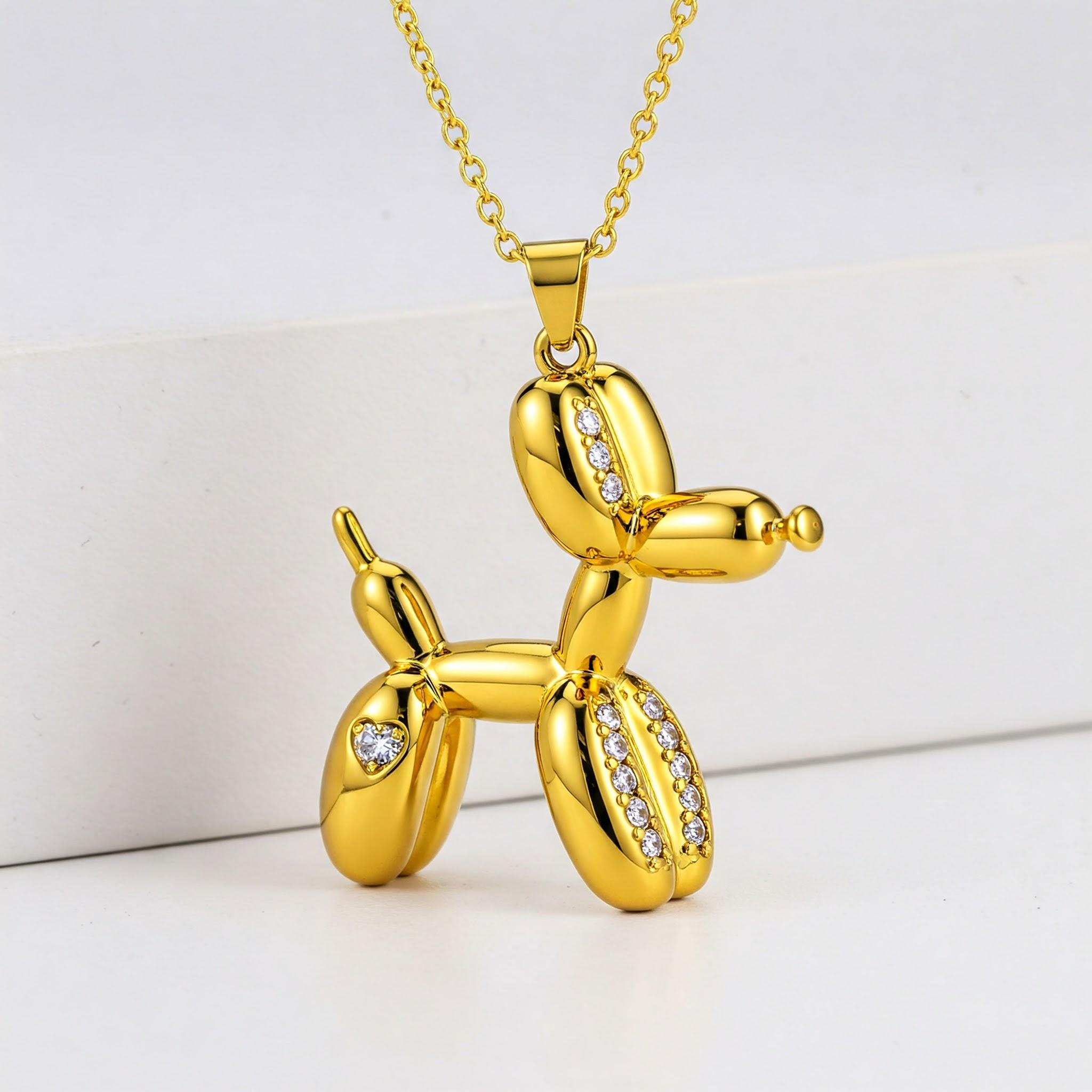 Stainless Steel Balloon Dog Pendant Necklace with White Cubic Zirconia